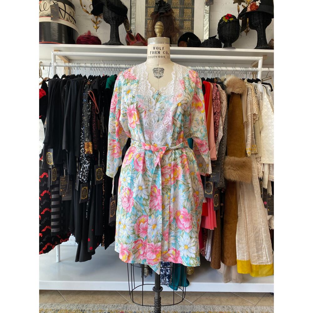 vintage 1980s floral peignoir set, robe and nightie, leslie fay, s/m, sleepwear